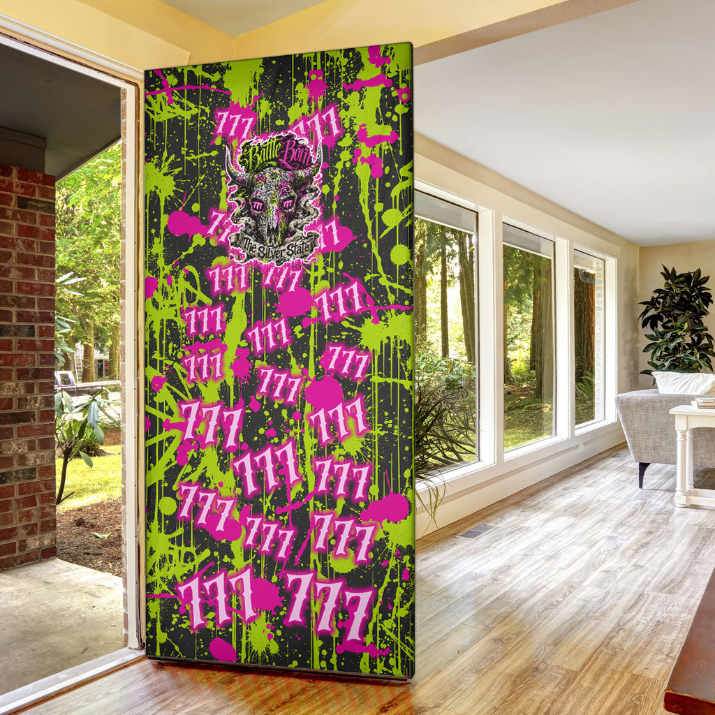 Nevada Battle Born The Silver State 777 Door Cover Vibrant Lime Pink Splatter Punk Rock Bull Skull Art
