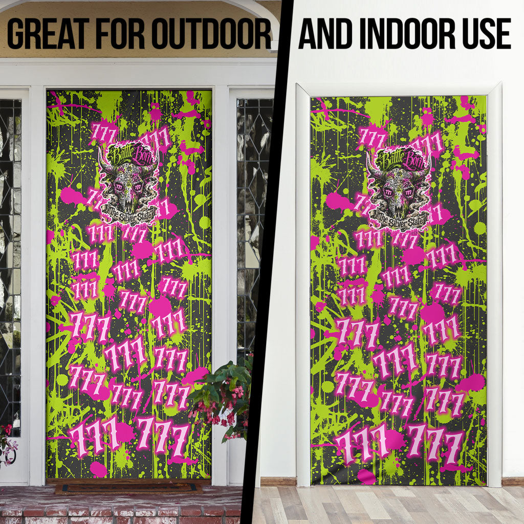 Nevada Battle Born The Silver State 777 Door Cover Vibrant Lime Pink Splatter Punk Rock Bull Skull Art