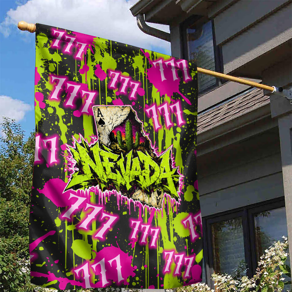 Nevada Battle Born The Silver State 777 Garden Flag Vibrant Lime Pink Splatter Punk Rock Bull Skull Art