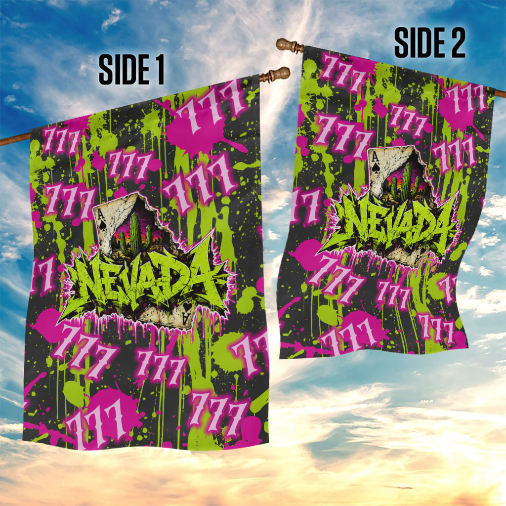 Nevada Battle Born The Silver State 777 Garden Flag Vibrant Lime Pink Splatter Punk Rock Bull Skull Art
