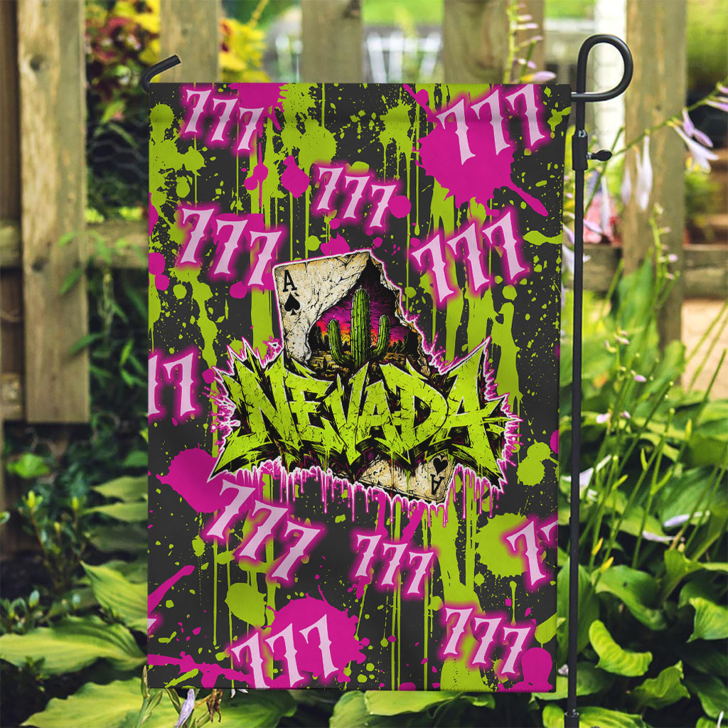 Nevada Battle Born The Silver State 777 Garden Flag Vibrant Lime Pink Splatter Punk Rock Bull Skull Art