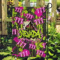Nevada Battle Born The Silver State 777 Garden Flag Vibrant Lime Pink Splatter Punk Rock Bull Skull Art
