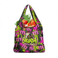 Nevada Battle Born The Silver State 777 Grocery Bag Vibrant Lime Pink Splatter Punk Rock Bull Skull Art