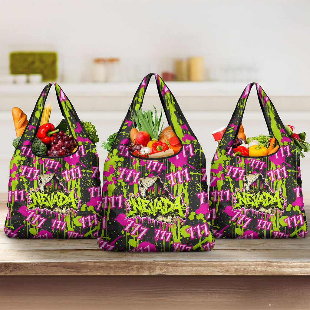 Nevada Battle Born The Silver State 777 Grocery Bag Vibrant Lime Pink Splatter Punk Rock Bull Skull Art