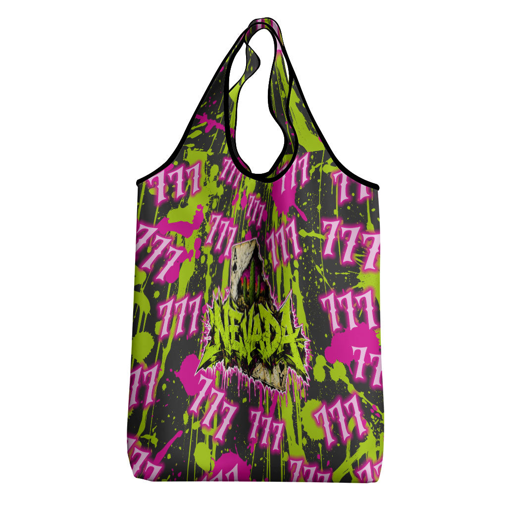 Nevada Battle Born The Silver State 777 Grocery Bag Vibrant Lime Pink Splatter Punk Rock Bull Skull Art