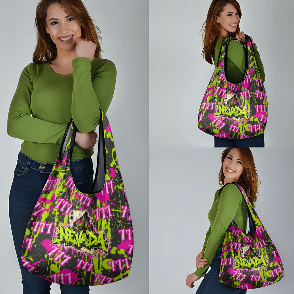 Nevada Battle Born The Silver State 777 Grocery Bag Vibrant Lime Pink Splatter Punk Rock Bull Skull Art