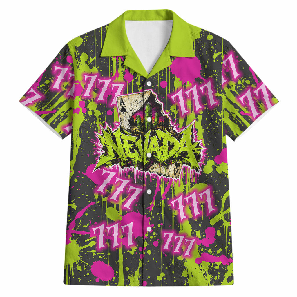 Nevada Battle Born The Silver State 777 Hawaiian Shirt Vibrant Lime Pink Splatter Punk Rock Bull Skull Art