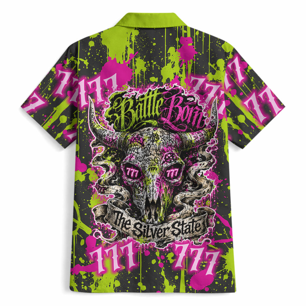 Nevada Battle Born The Silver State 777 Hawaiian Shirt Vibrant Lime Pink Splatter Punk Rock Bull Skull Art