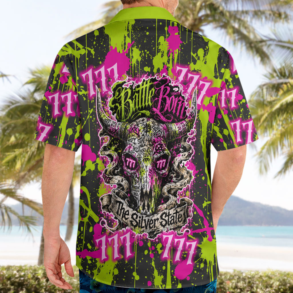 Nevada Battle Born The Silver State 777 Hawaiian Shirt Vibrant Lime Pink Splatter Punk Rock Bull Skull Art