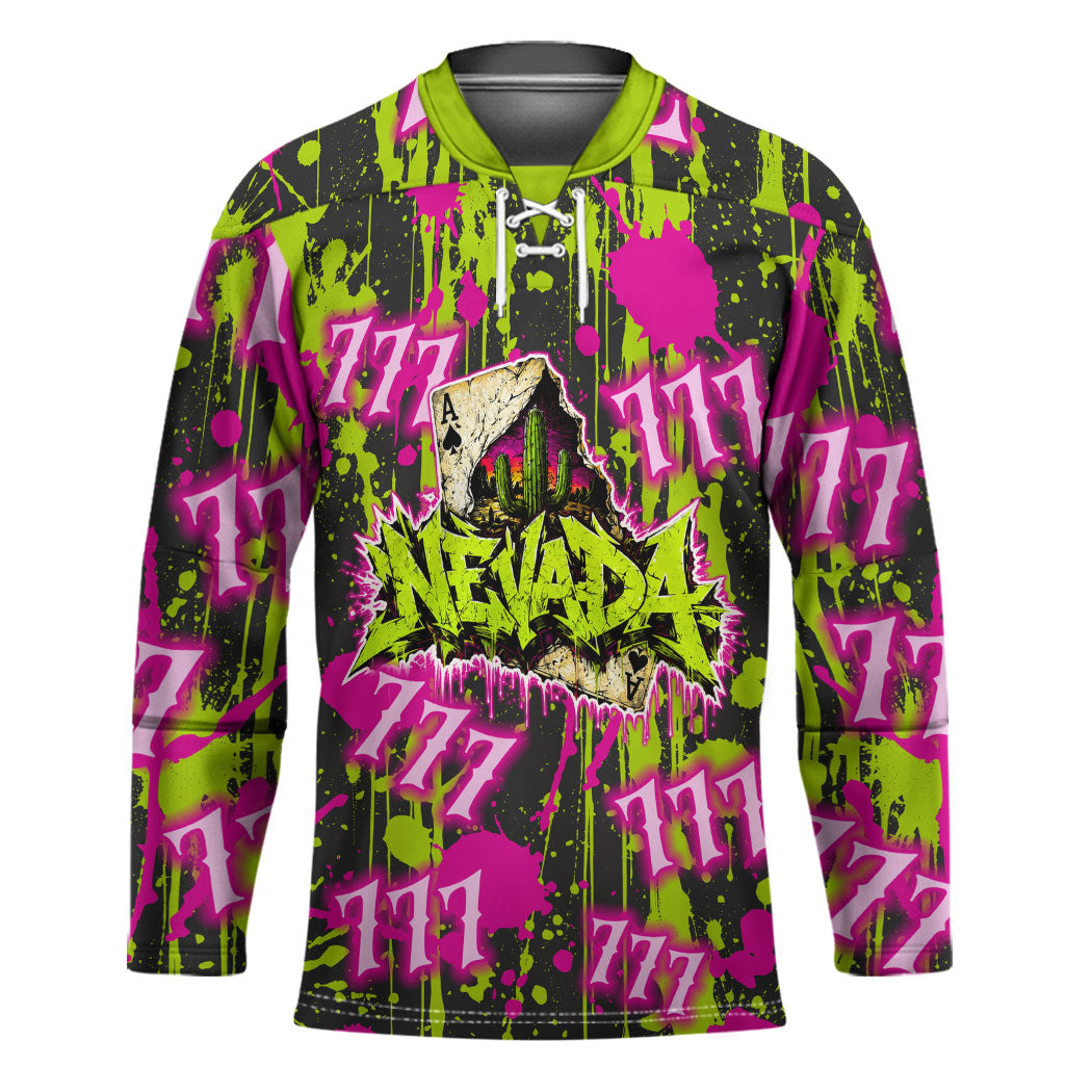 Nevada Battle Born The Silver State 777 Hockey Jersey Vibrant Lime Pink Splatter Punk Rock Bull Skull Art
