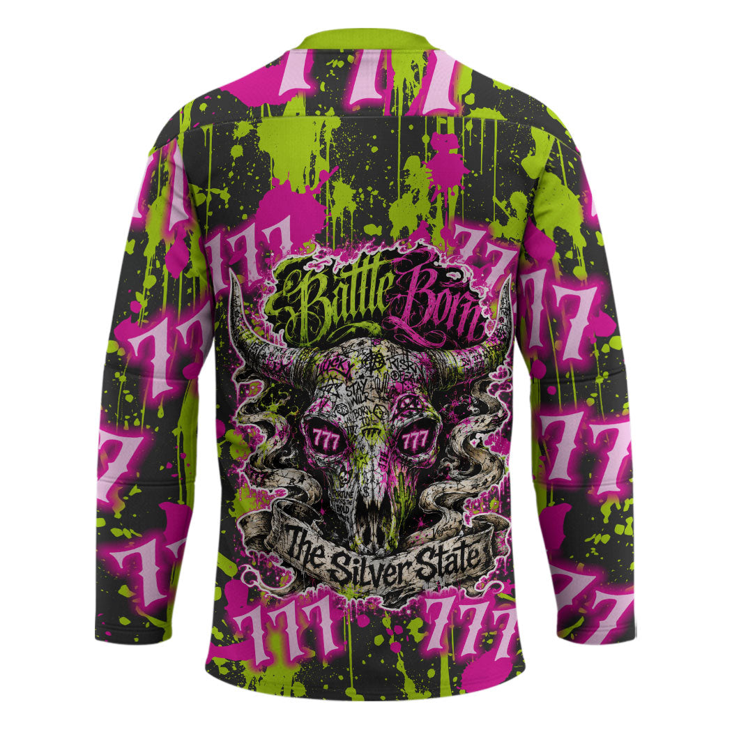 Nevada Battle Born The Silver State 777 Hockey Jersey Vibrant Lime Pink Splatter Punk Rock Bull Skull Art