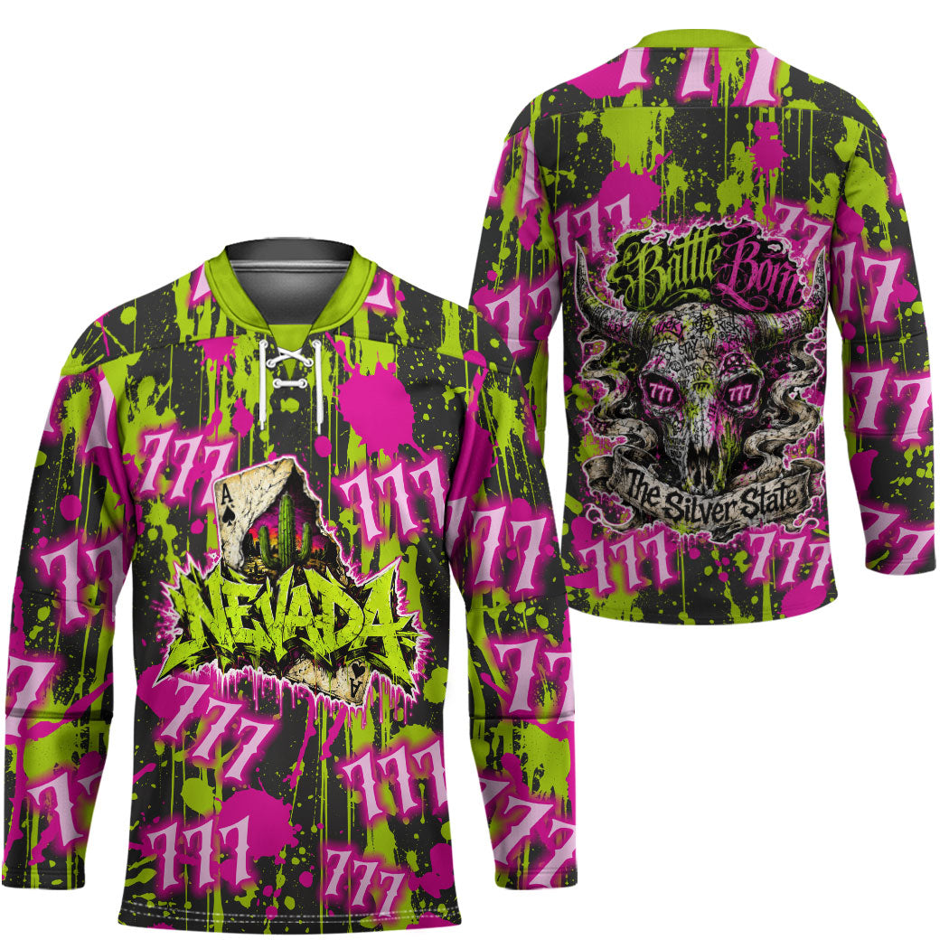Nevada Battle Born The Silver State 777 Hockey Jersey Vibrant Lime Pink Splatter Punk Rock Bull Skull Art