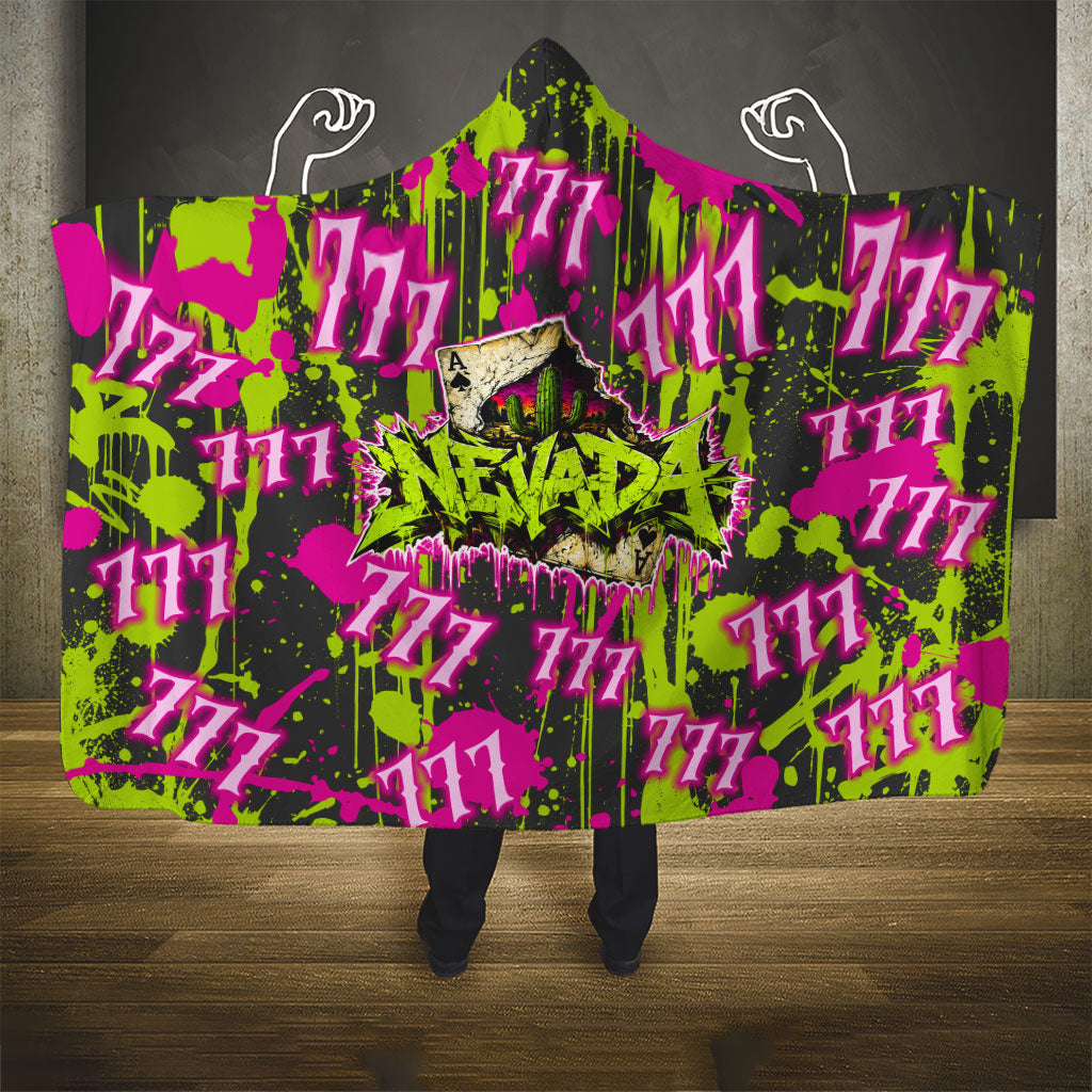 Nevada Battle Born The Silver State 777 Hooded Blanket Vibrant Lime Pink Splatter Punk Rock Bull Skull Art