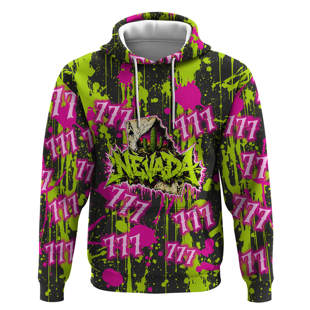 Nevada Battle Born The Silver State 777 Hoodie Vibrant Lime Pink Splatter Punk Rock Bull Skull Art
