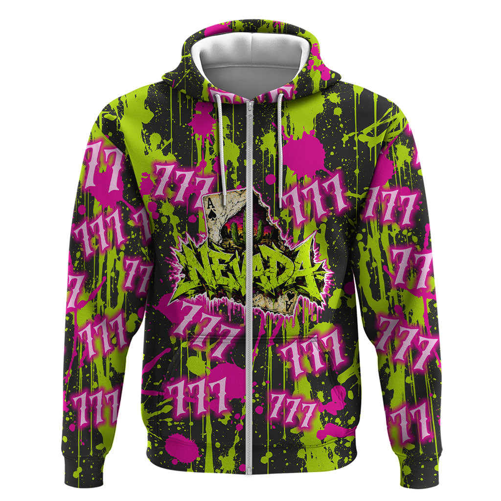 Nevada Battle Born The Silver State 777 Hoodie Vibrant Lime Pink Splatter Punk Rock Bull Skull Art