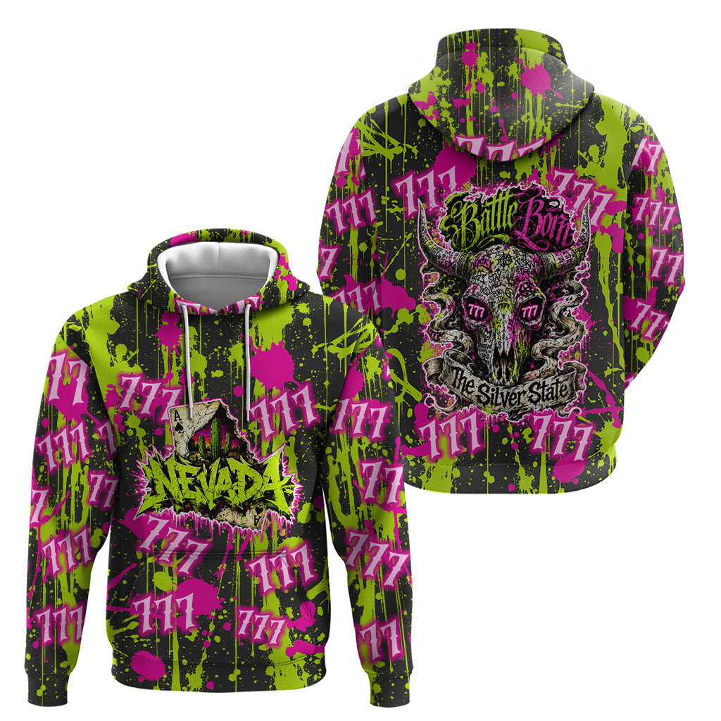 Nevada Battle Born The Silver State 777 Hoodie Vibrant Lime Pink Splatter Punk Rock Bull Skull Art