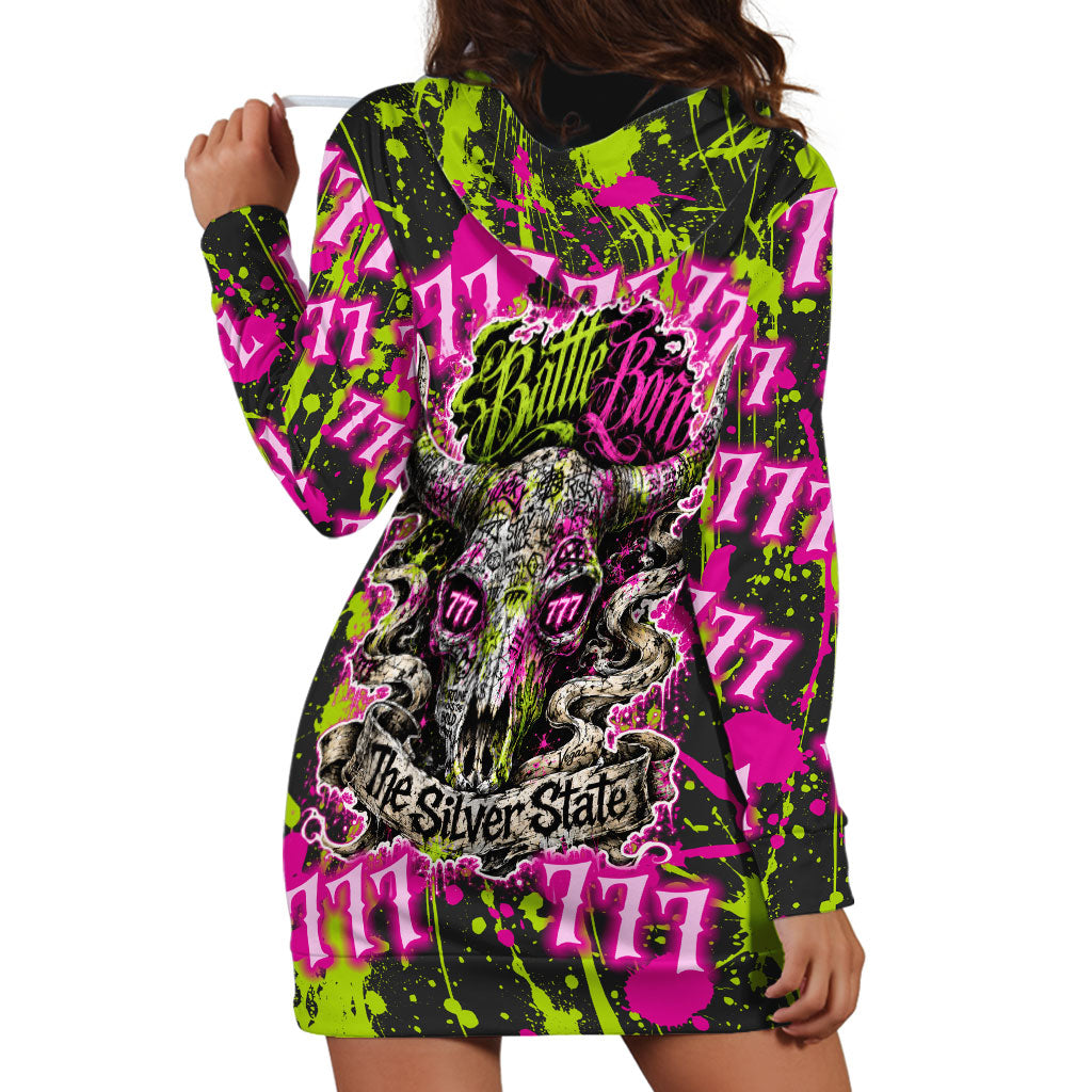 Nevada Battle Born The Silver State 777 Hoodie Dress Vibrant Lime Pink Splatter Punk Rock Bull Skull Art