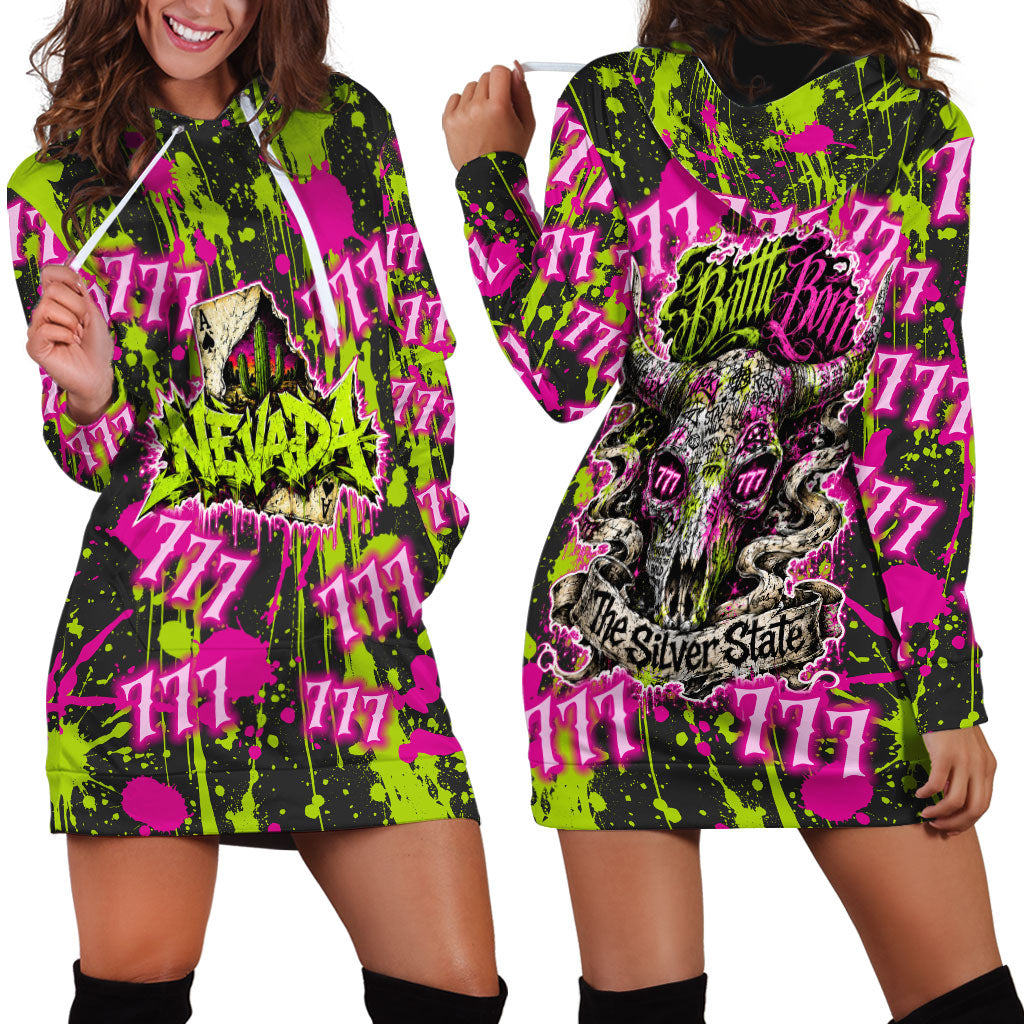 Nevada Battle Born The Silver State 777 Hoodie Dress Vibrant Lime Pink Splatter Punk Rock Bull Skull Art