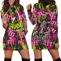 Nevada Battle Born The Silver State 777 Hoodie Dress Vibrant Lime Pink Splatter Punk Rock Bull Skull Art
