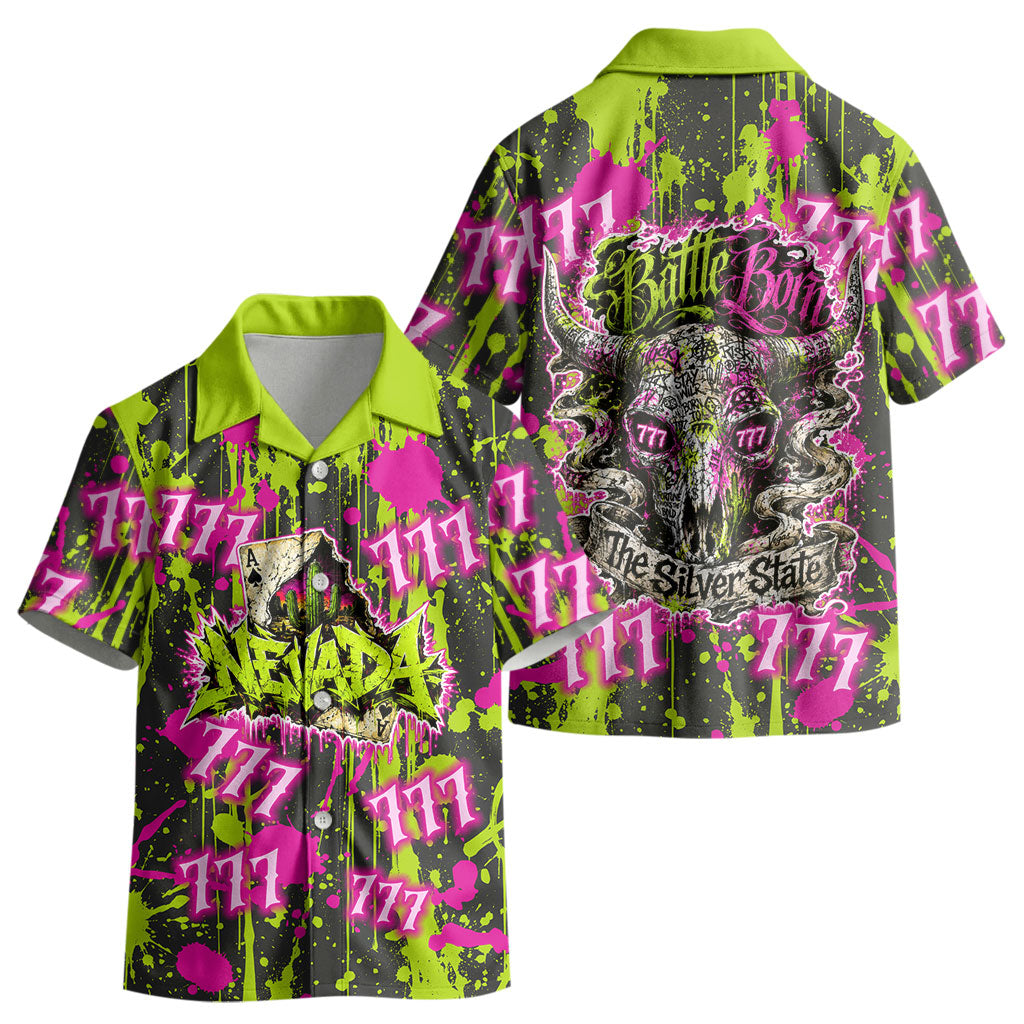 Nevada Battle Born The Silver State 777 Kid Hawaiian Shirt Vibrant Lime Pink Splatter Punk Rock Bull Skull Art
