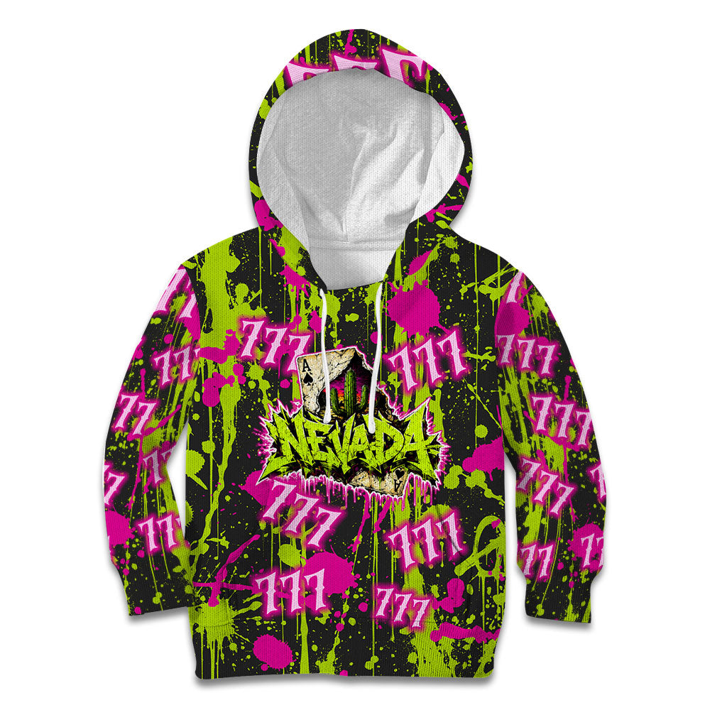 Nevada Battle Born The Silver State 777 Kid Hoodie Vibrant Lime Pink Splatter Punk Rock Bull Skull Art