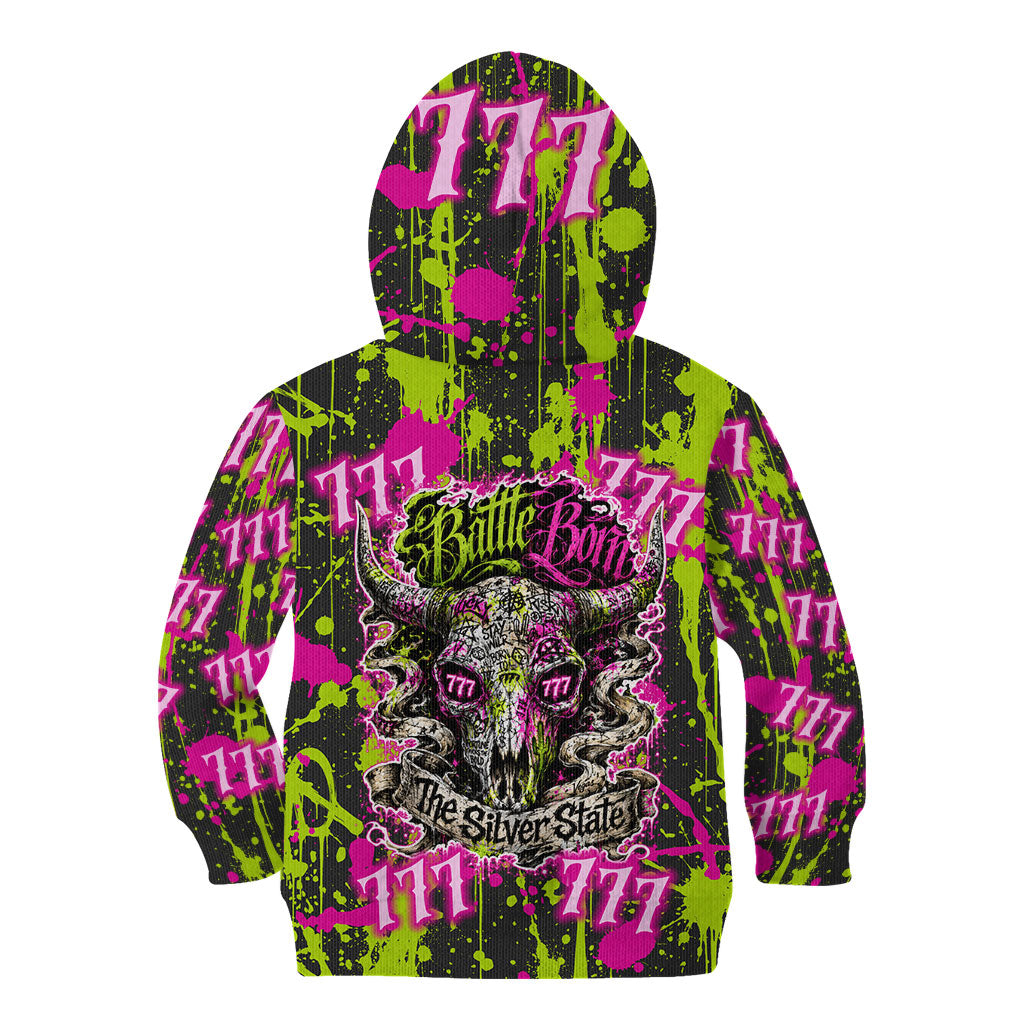 Nevada Battle Born The Silver State 777 Kid Hoodie Vibrant Lime Pink Splatter Punk Rock Bull Skull Art