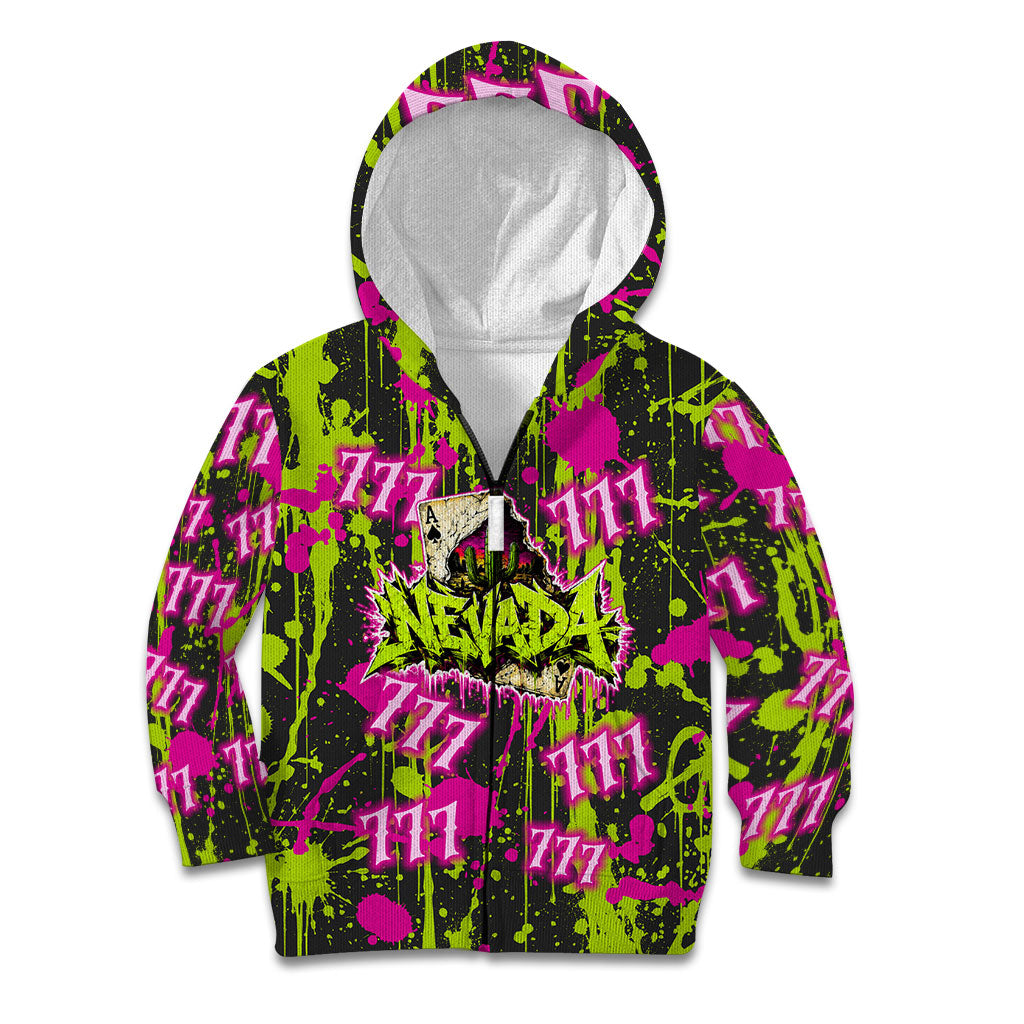 Nevada Battle Born The Silver State 777 Kid Hoodie Vibrant Lime Pink Splatter Punk Rock Bull Skull Art