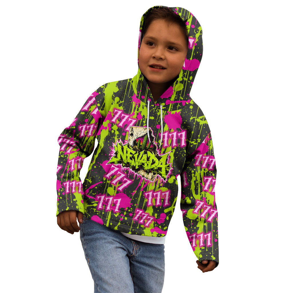Nevada Battle Born The Silver State 777 Kid Hoodie Vibrant Lime Pink Splatter Punk Rock Bull Skull Art