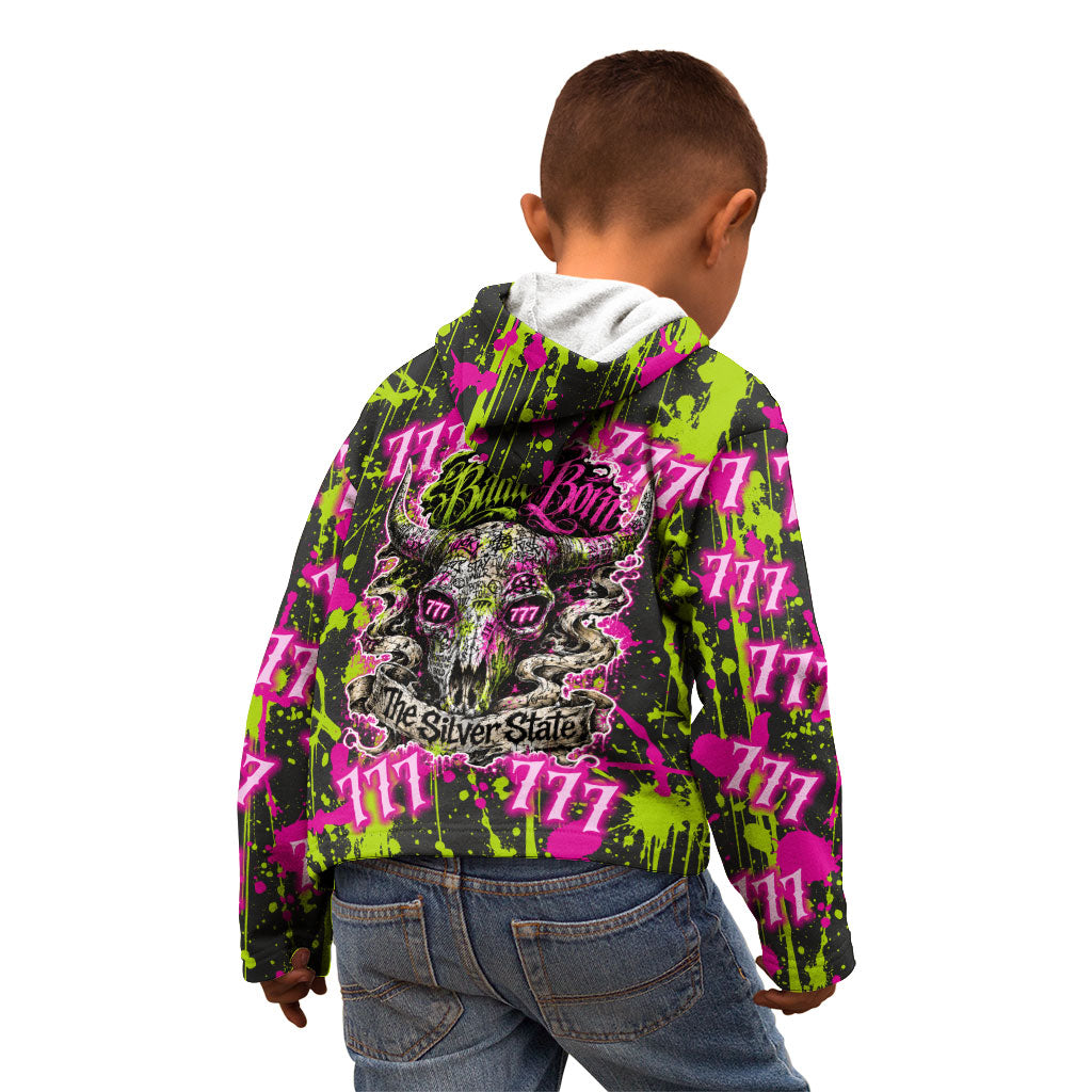 Nevada Battle Born The Silver State 777 Kid Hoodie Vibrant Lime Pink Splatter Punk Rock Bull Skull Art