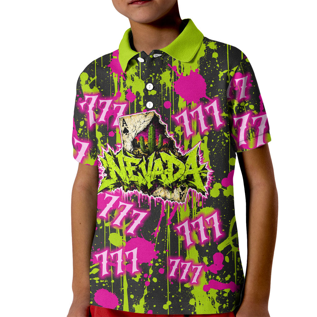 Nevada Battle Born The Silver State 777 Kid Polo Shirt Vibrant Lime Pink Splatter Punk Rock Bull Skull Art