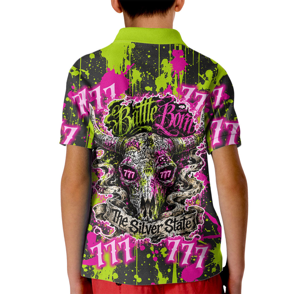 Nevada Battle Born The Silver State 777 Kid Polo Shirt Vibrant Lime Pink Splatter Punk Rock Bull Skull Art