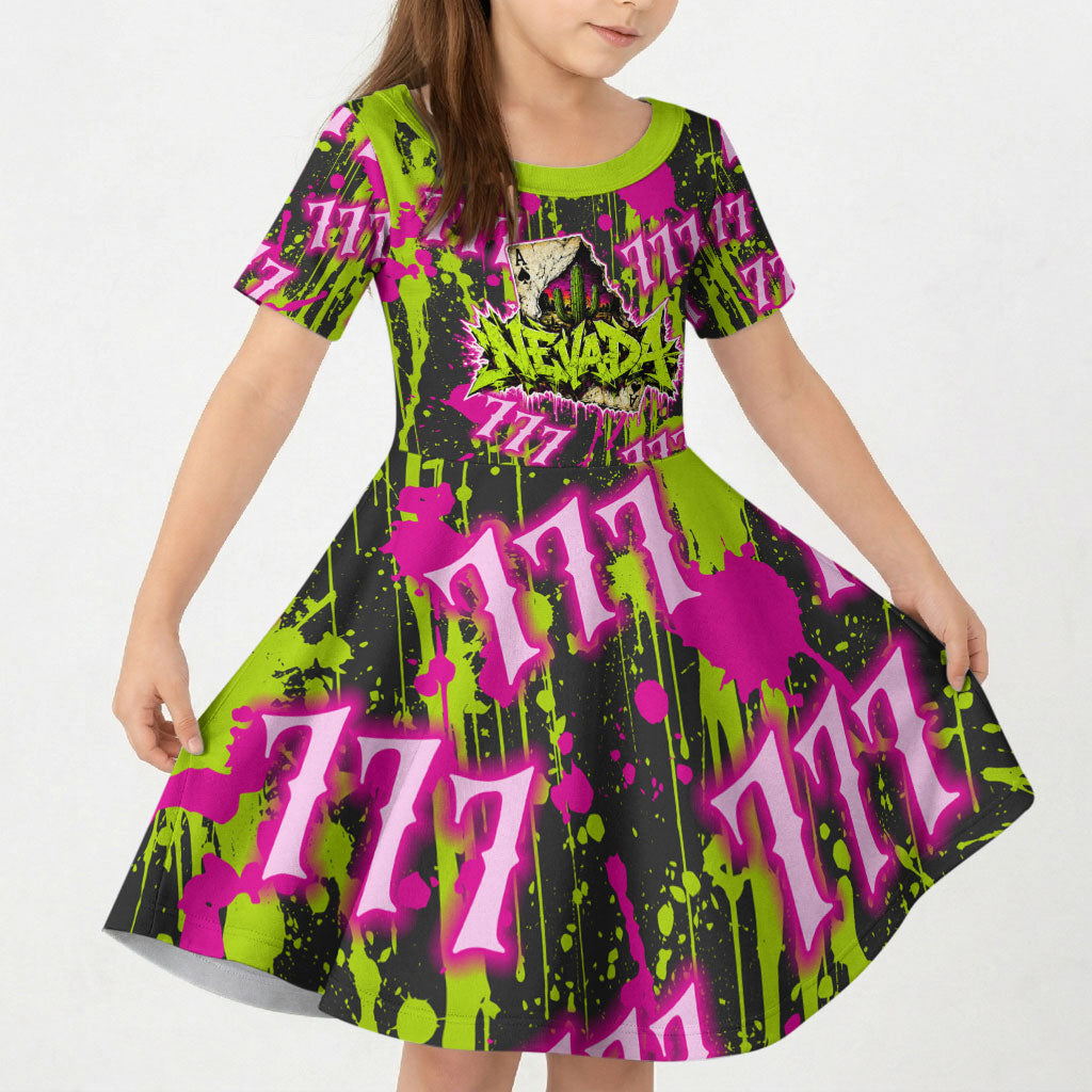 Nevada Battle Born The Silver State 777 Kid Short Sleeve Dress Vibrant Lime Pink Splatter Punk Rock Bull Skull Art