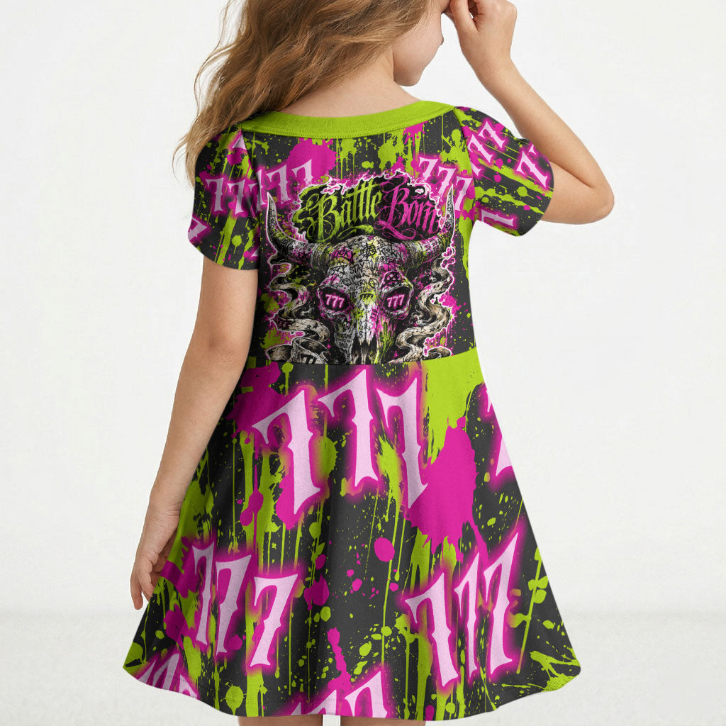 Nevada Battle Born The Silver State 777 Kid Short Sleeve Dress Vibrant Lime Pink Splatter Punk Rock Bull Skull Art