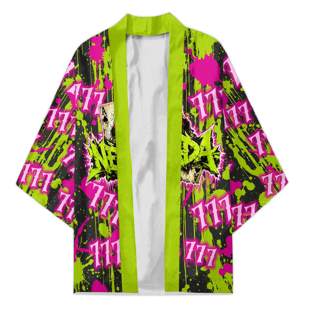 Nevada Battle Born The Silver State 777 Kimono Vibrant Lime Pink Splatter Punk Rock Bull Skull Art