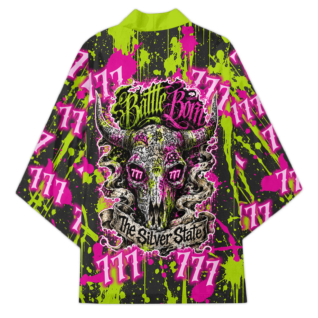 Nevada Battle Born The Silver State 777 Kimono Vibrant Lime Pink Splatter Punk Rock Bull Skull Art