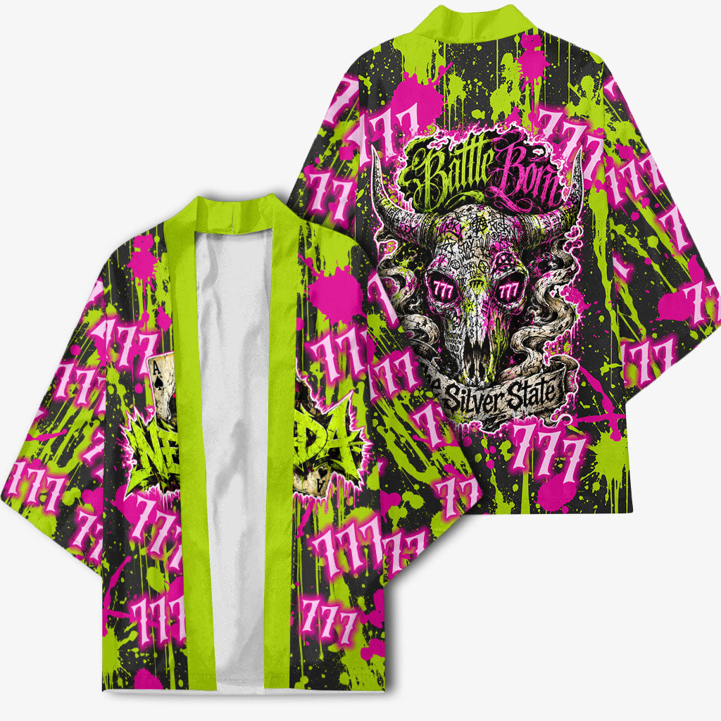 Nevada Battle Born The Silver State 777 Kimono Vibrant Lime Pink Splatter Punk Rock Bull Skull Art