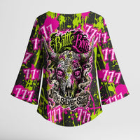Nevada Battle Born The Silver State 777 Kimono Sleeve Blouse Vibrant Lime Pink Splatter Punk Rock Bull Skull Art