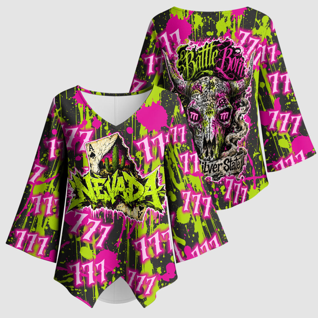 Nevada Battle Born The Silver State 777 Kimono Sleeve Blouse Vibrant Lime Pink Splatter Punk Rock Bull Skull Art