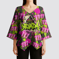 Nevada Battle Born The Silver State 777 Kimono Sleeve Blouse Vibrant Lime Pink Splatter Punk Rock Bull Skull Art