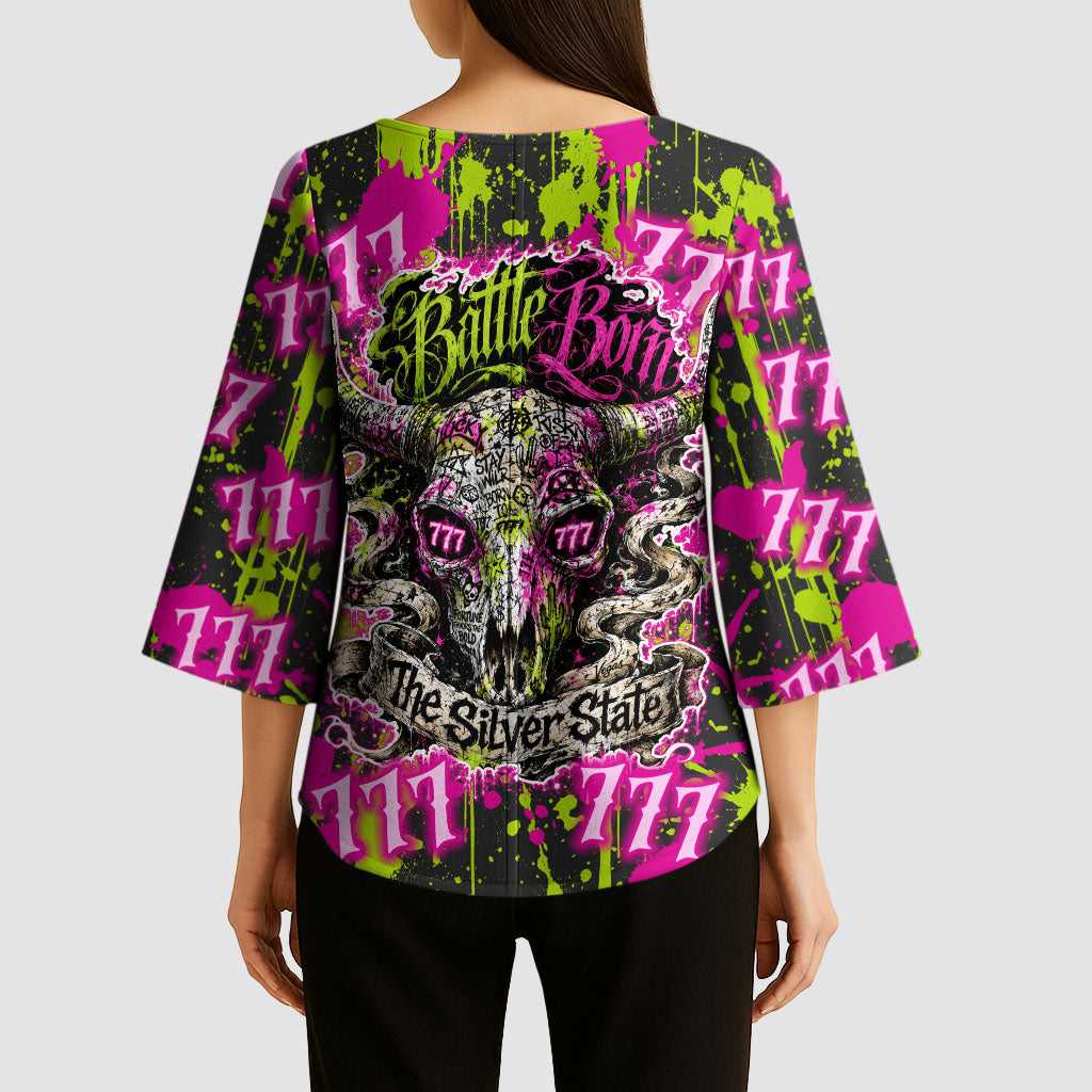 Nevada Battle Born The Silver State 777 Kimono Sleeve Blouse Vibrant Lime Pink Splatter Punk Rock Bull Skull Art