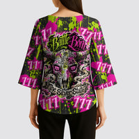 Nevada Battle Born The Silver State 777 Kimono Sleeve Blouse Vibrant Lime Pink Splatter Punk Rock Bull Skull Art
