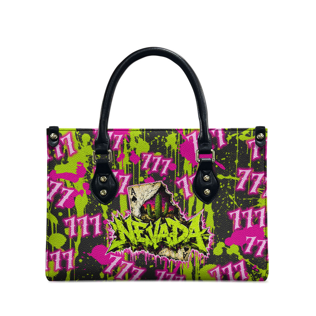 Nevada Battle Born The Silver State 777 Leather Bag Vibrant Lime Pink Splatter Punk Rock Bull Skull Art