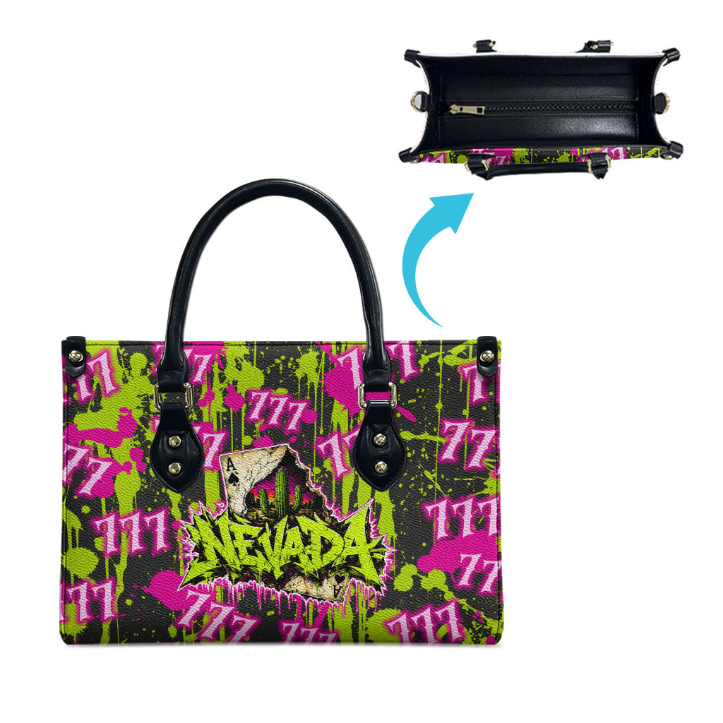 Nevada Battle Born The Silver State 777 Leather Bag Vibrant Lime Pink Splatter Punk Rock Bull Skull Art