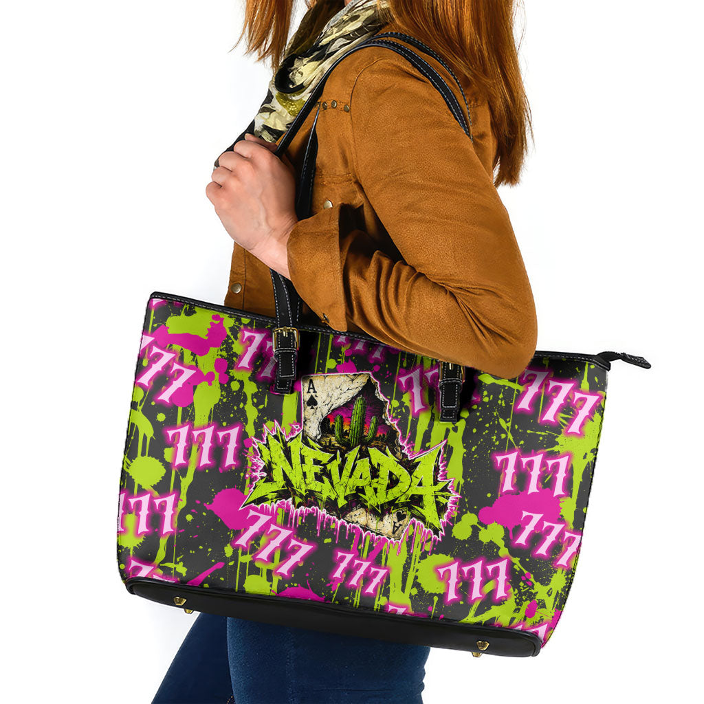 Nevada Battle Born The Silver State 777 Leather Tote Bag Vibrant Lime Pink Splatter Punk Rock Bull Skull Art