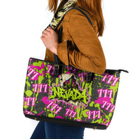Nevada Battle Born The Silver State 777 Leather Tote Bag Vibrant Lime Pink Splatter Punk Rock Bull Skull Art