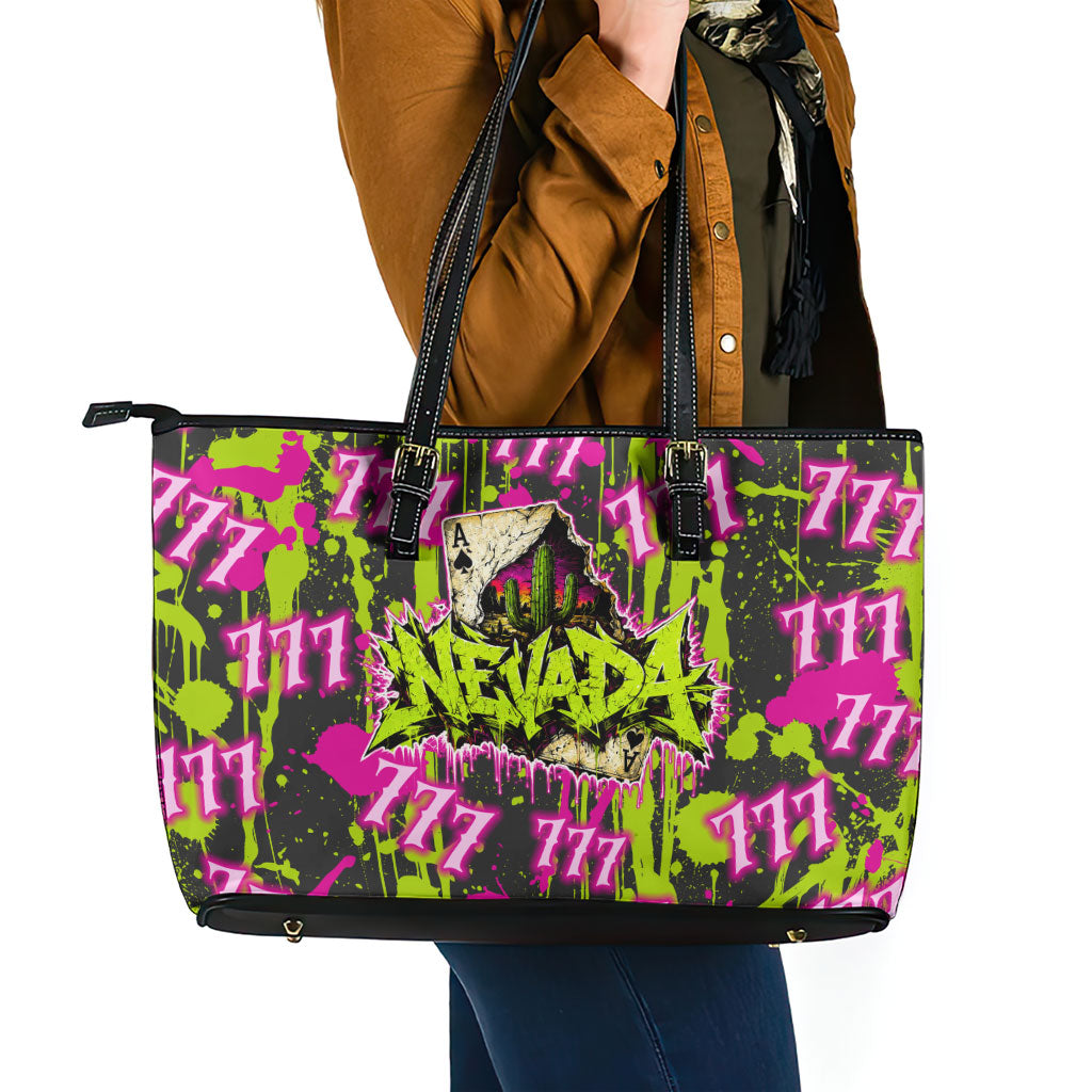 Nevada Battle Born The Silver State 777 Leather Tote Bag Vibrant Lime Pink Splatter Punk Rock Bull Skull Art