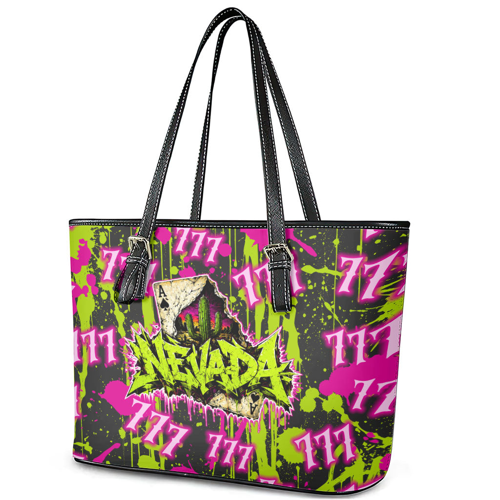 Nevada Battle Born The Silver State 777 Leather Tote Bag Vibrant Lime Pink Splatter Punk Rock Bull Skull Art