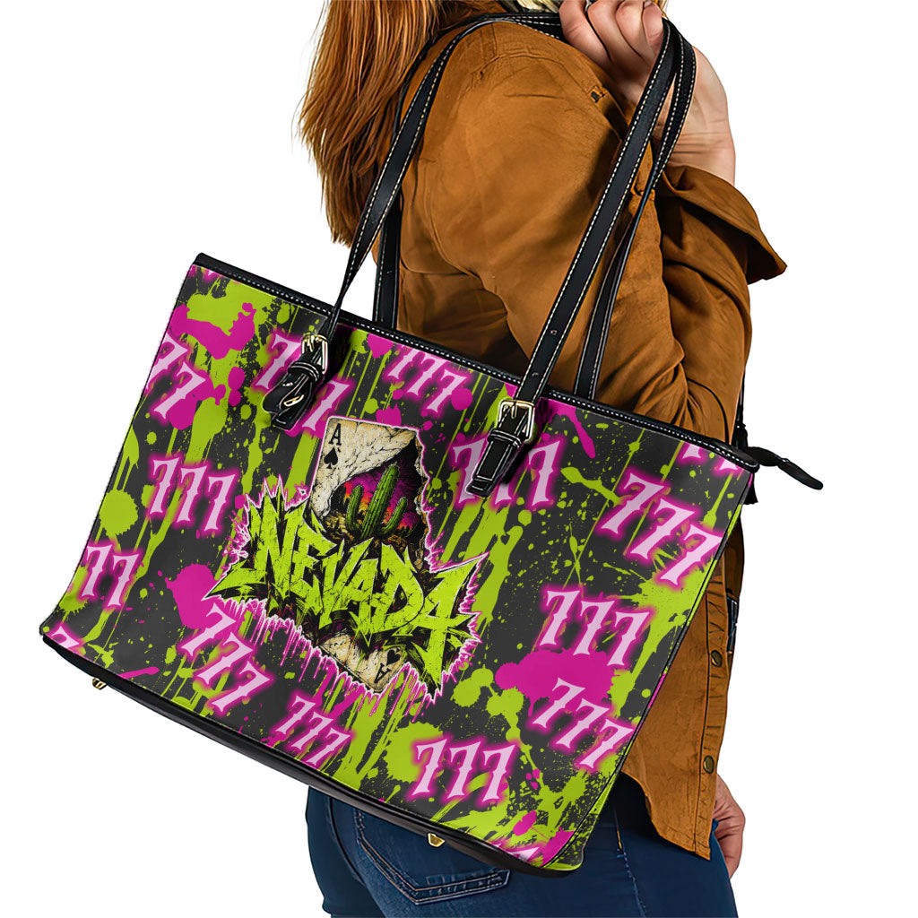 Nevada Battle Born The Silver State 777 Leather Tote Bag Vibrant Lime Pink Splatter Punk Rock Bull Skull Art