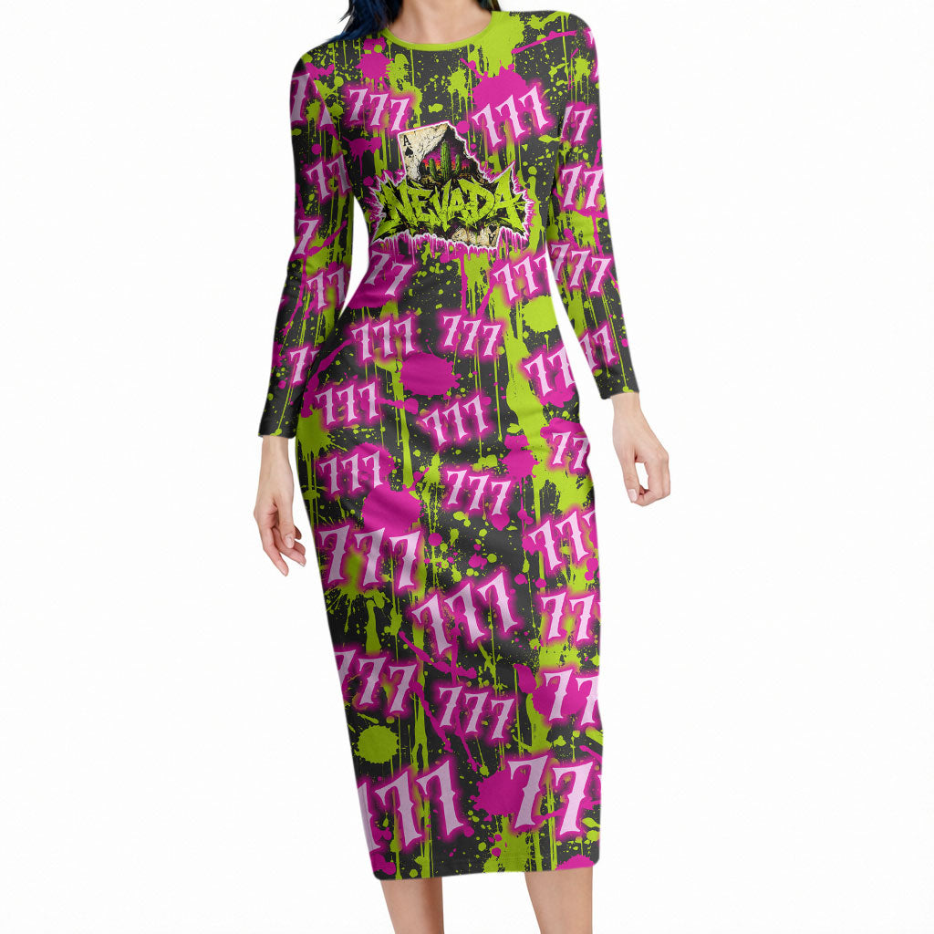 Nevada Battle Born The Silver State 777 Long Sleeve Bodycon Dress Vibrant Lime Pink Splatter Punk Rock Bull Skull Art