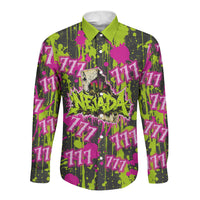 Nevada Battle Born The Silver State 777 Long Sleeve Button Shirt Vibrant Lime Pink Splatter Punk Rock Bull Skull Art
